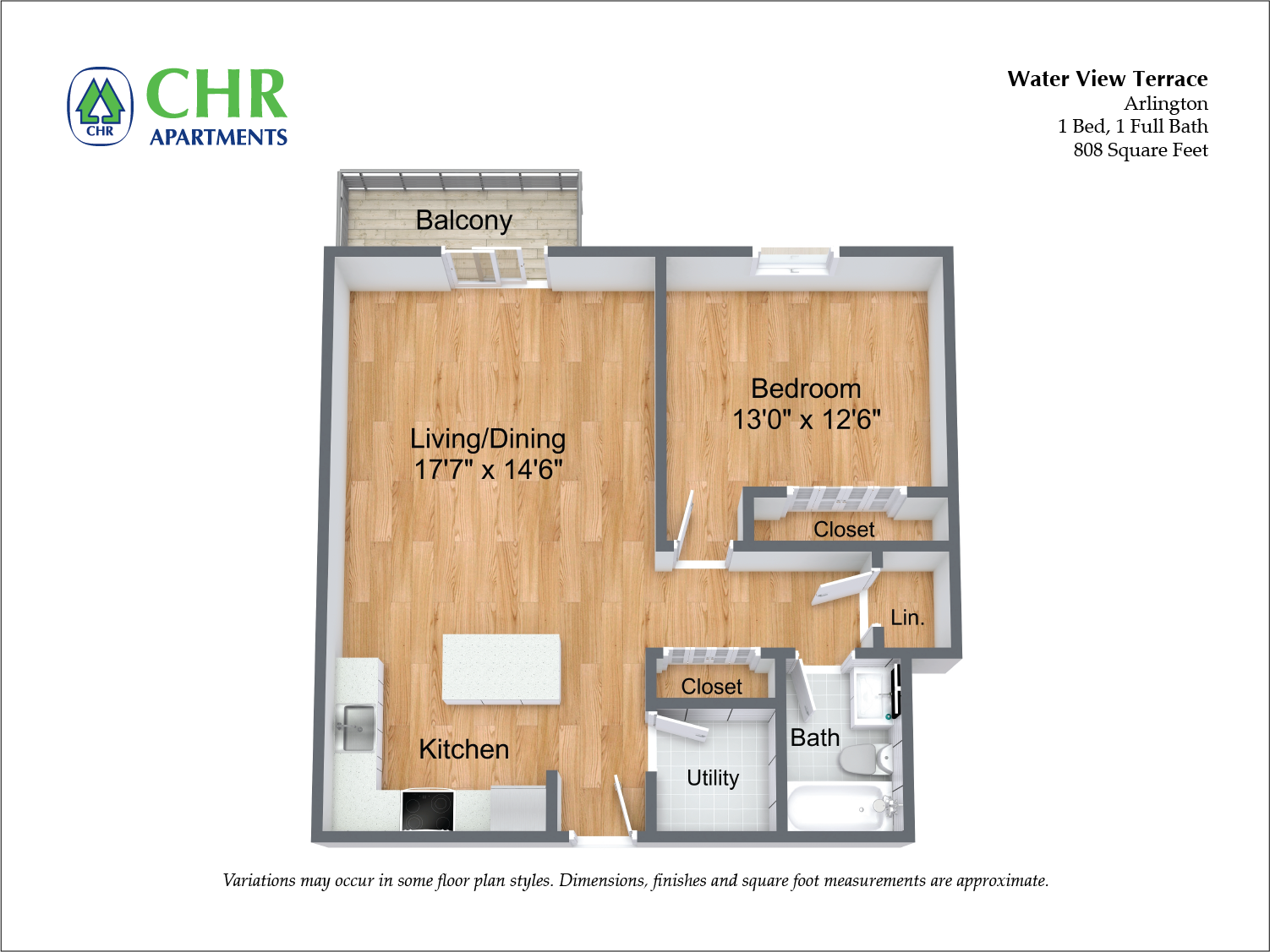 Floor plan for 1 bed, 1 bath, 837 sqft